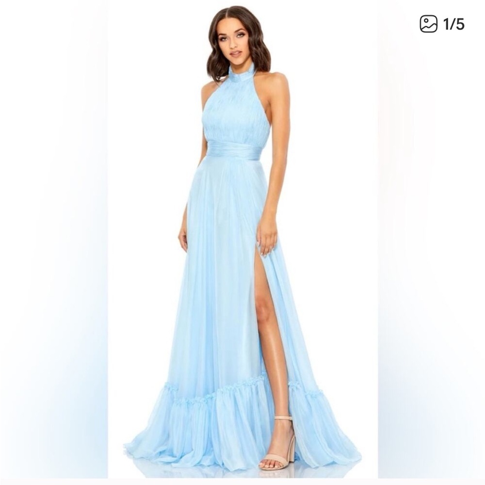 NWT Mac Duggal Sky Blue Chiffon Gown w thigh slit, low back